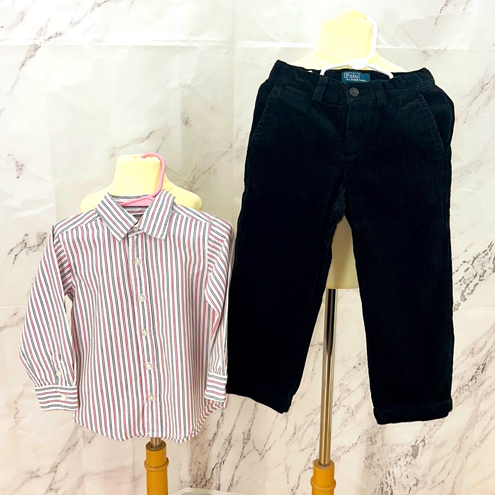Ralph Lauren Black Cordouroy dress pants longs sleeve Button down dress shirt 3t